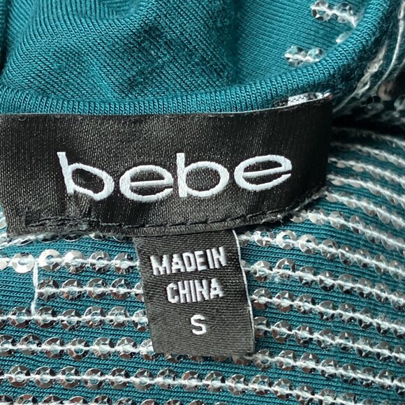 Vintage Y2K 00s‎ Bebe Small S Teal Sequin Embellished Bling Cold Shoulder Top - Picture 3 of 4